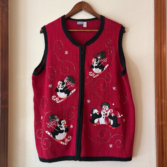 Holiday Editions Ugly Christmas Sweater Vest Zip Skiing Penguins Snowman Size 1X - Picture 2 of 11